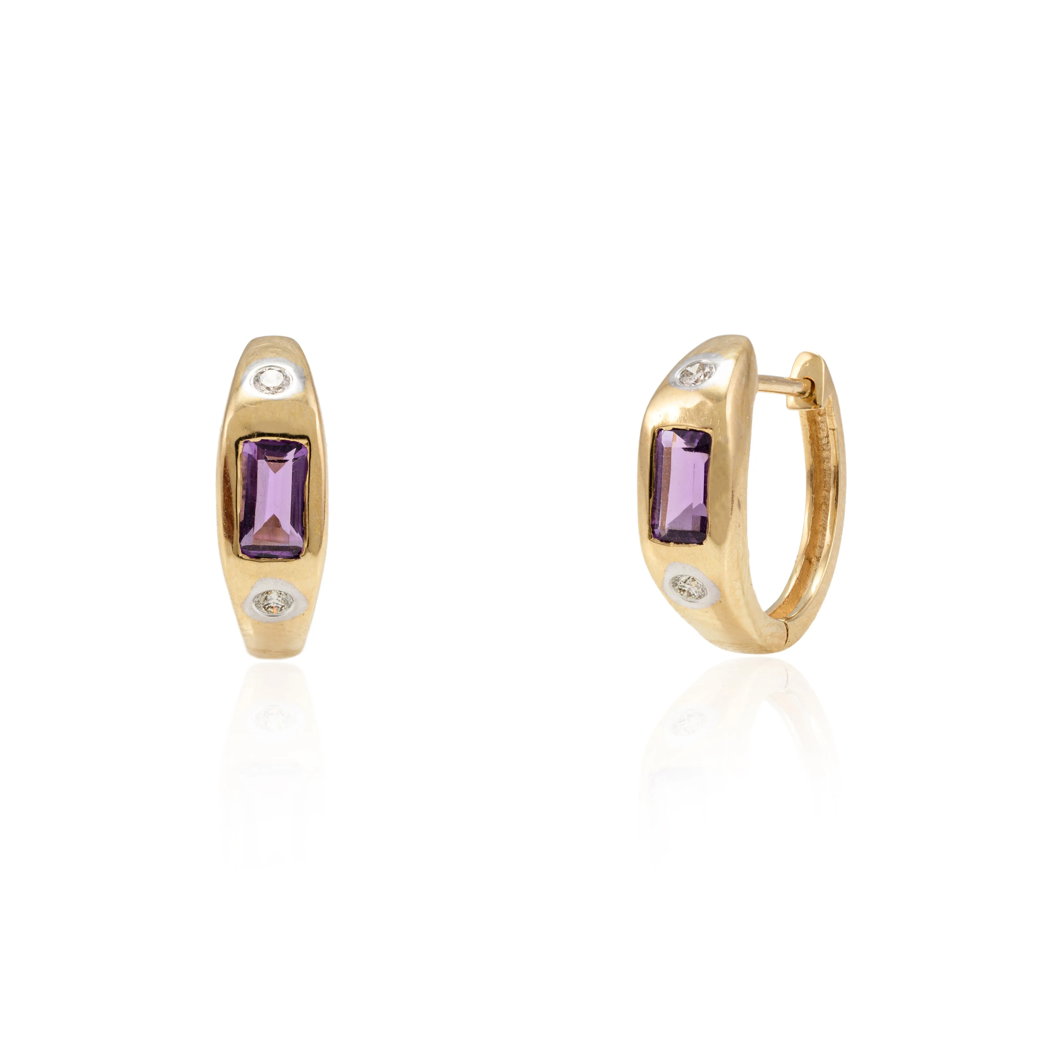 14K Yellow Gold Amethyst Diamond Hoop Earrings