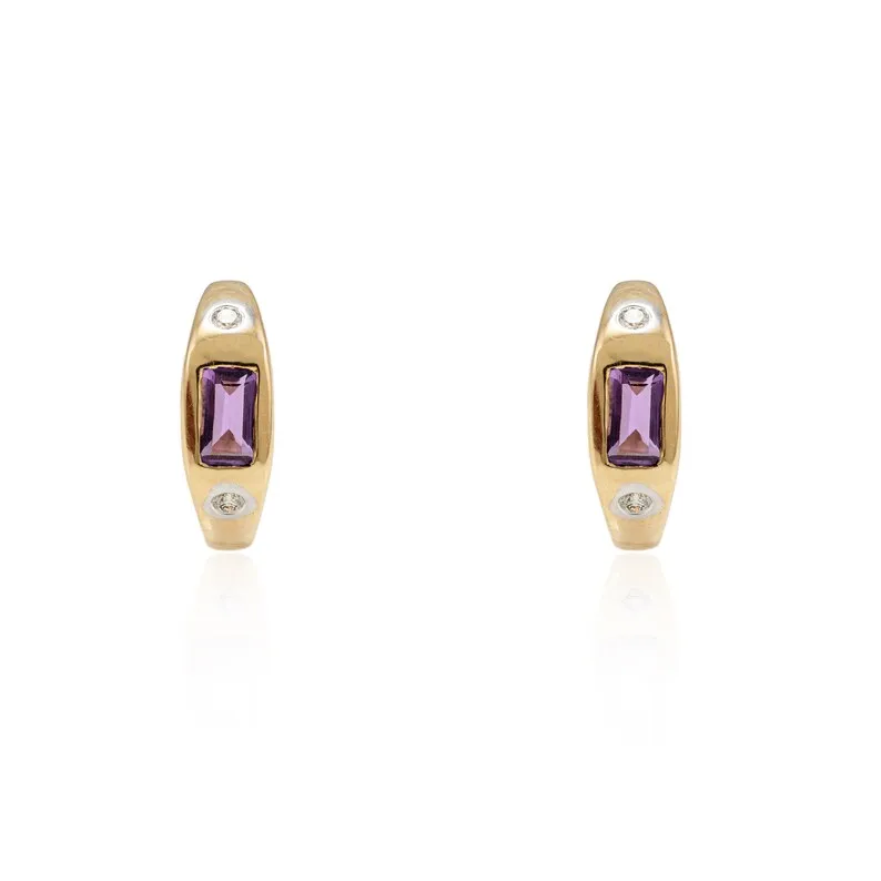 14K Yellow Gold Amethyst Diamond Hoop Earrings