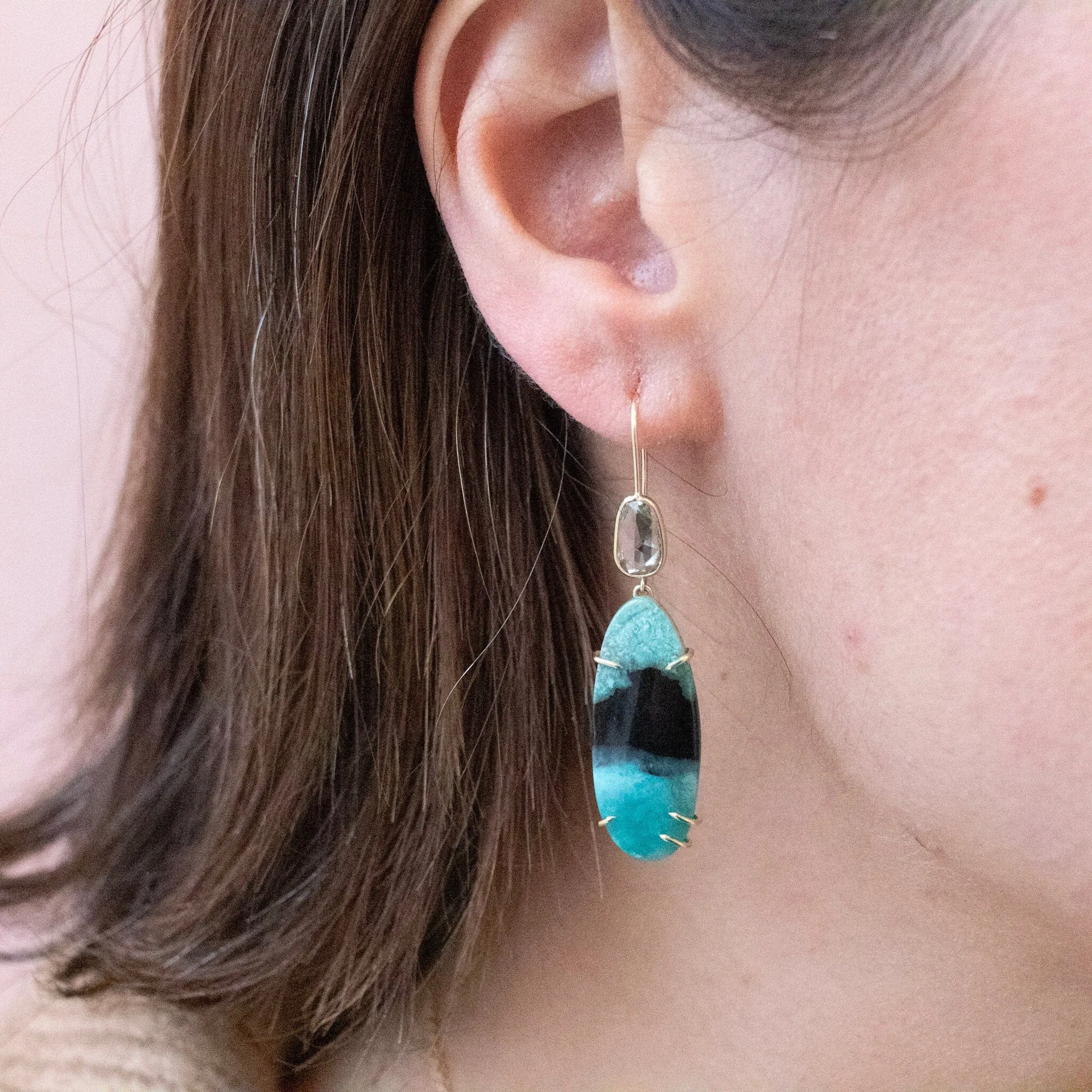 18K Green Sapphire & Petrified Blue Opal Earring