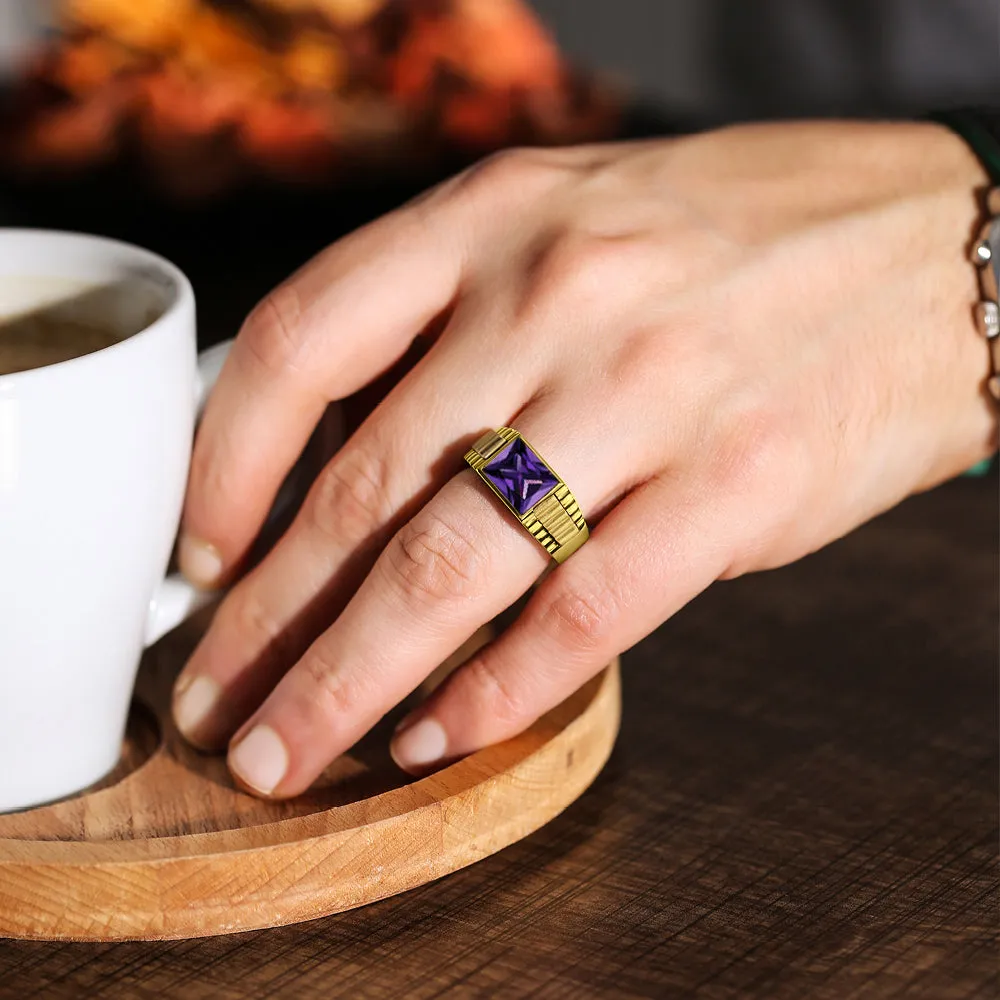 18K Yellow Gold Plated Mens Heavy Silver Ring with Purple Amethyst Gem All Sz