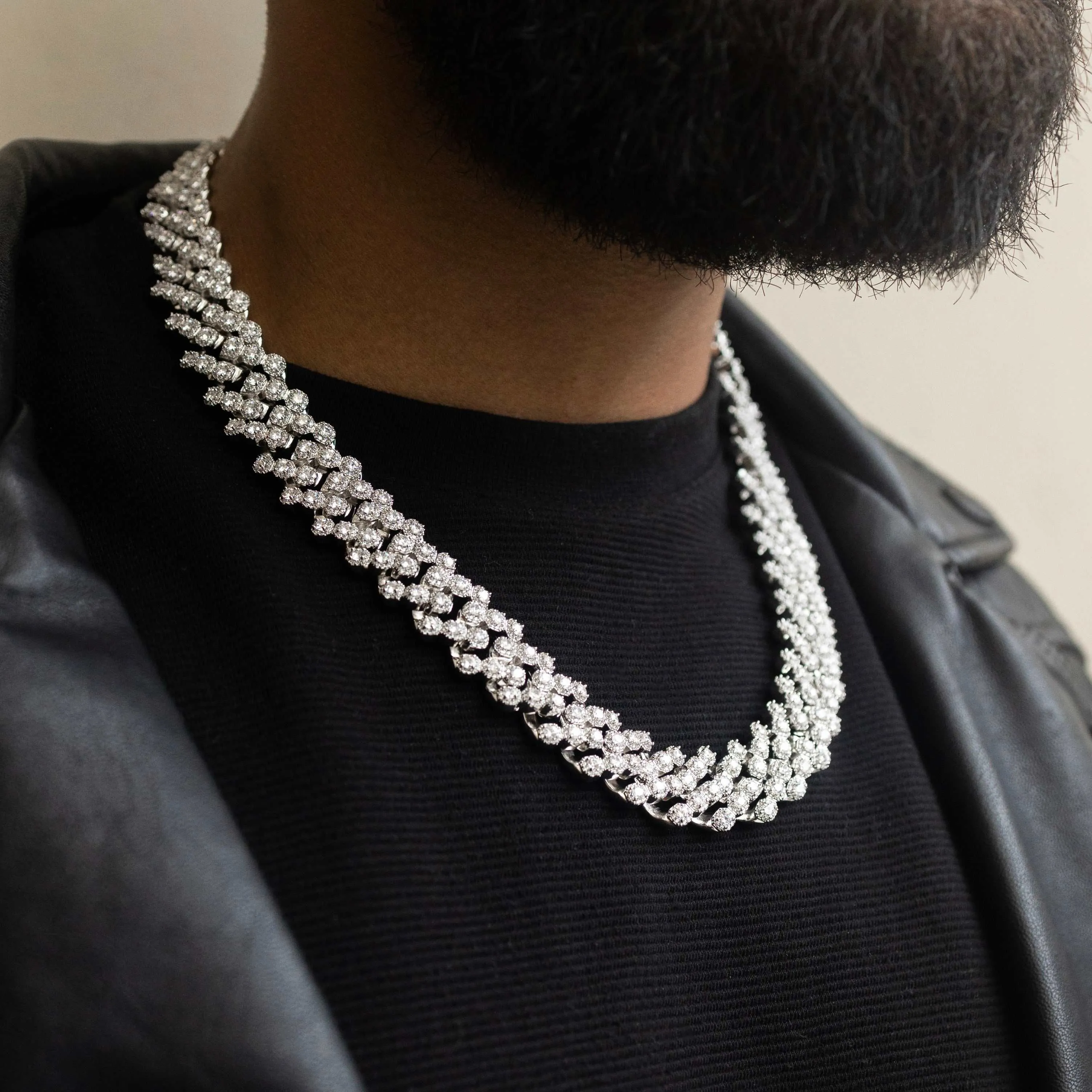 19mm Diamond Clustered Cuban Necklace - White Gold