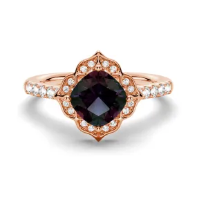 2 CT. Vintage Flower Cushion Cut Alexandrite Engagement Ring With Moissanite Halo Pavé