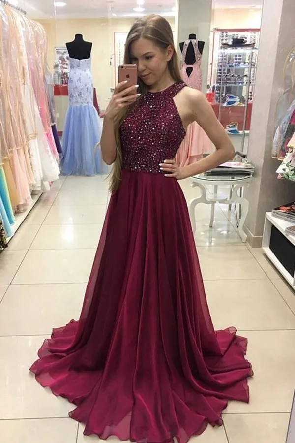 2024 Scoop Prom Dresses Chiffon With Beading A Line PQBB7282