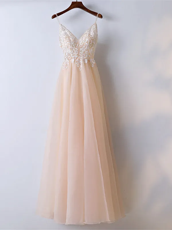 A Line Spaghetti Straps V Neck Lace Pink Prom Dresses, Pink Lace Formal Dresses, Evening Dresses