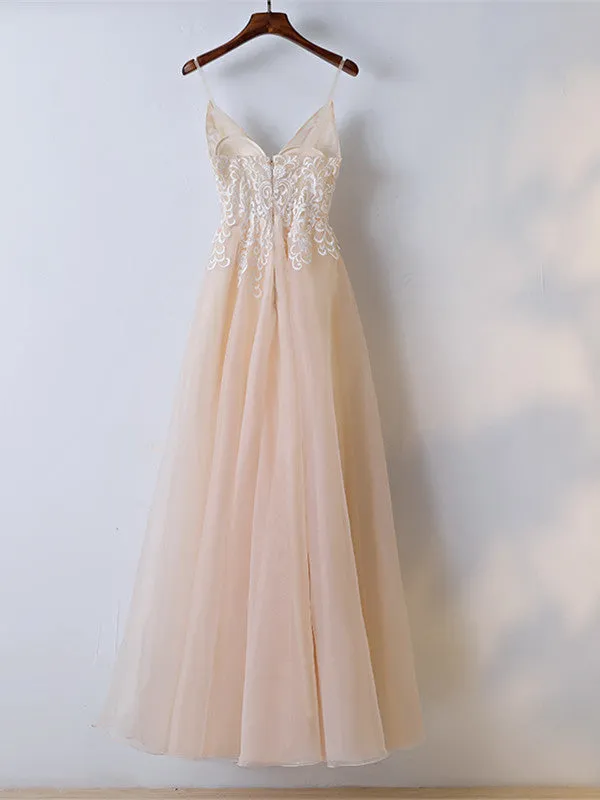 A Line Spaghetti Straps V Neck Lace Pink Prom Dresses, Pink Lace Formal Dresses, Evening Dresses