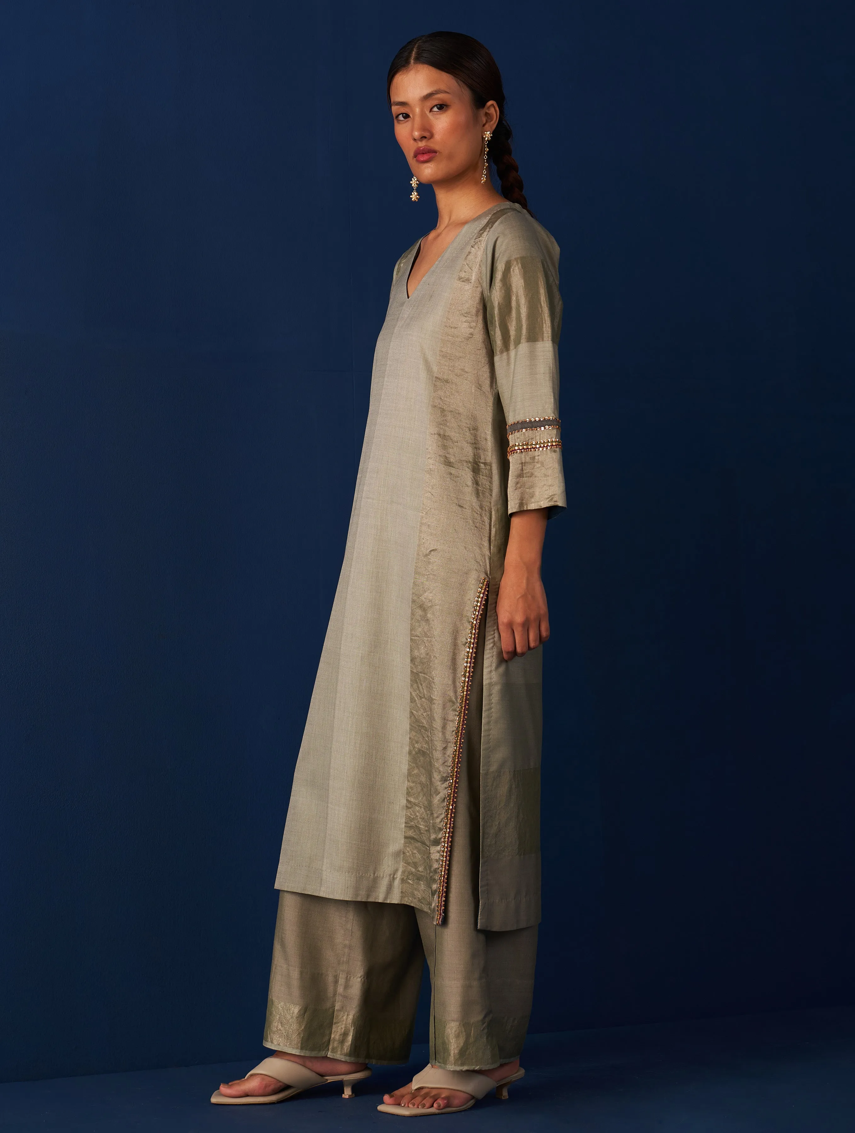 Abroo Silk Kurta Set - Sage Grey