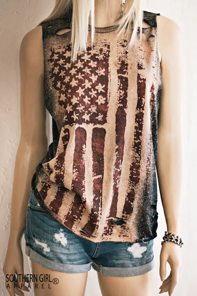 Acid Washed Distressed American Flag Muscle Tank Top