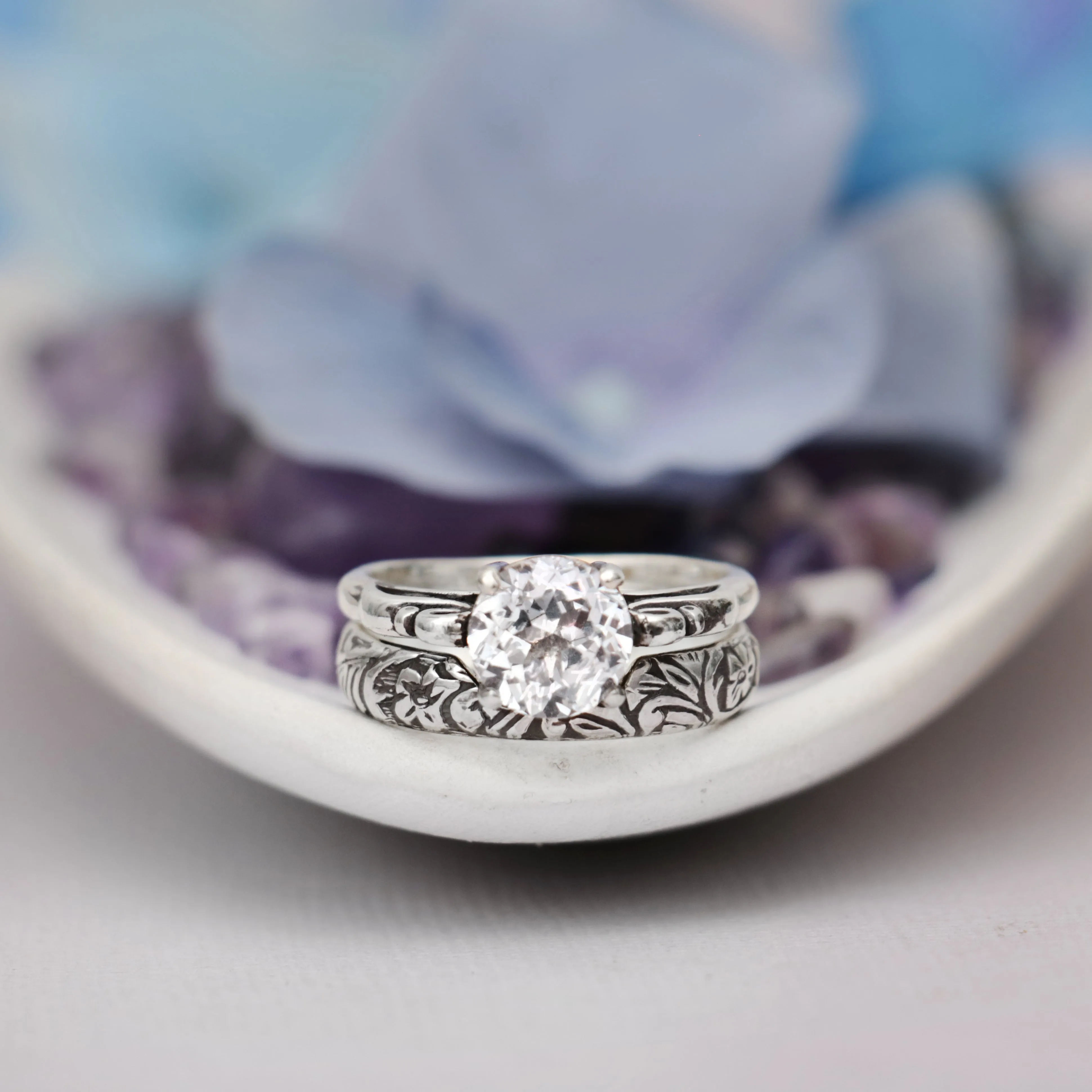 Antique Style Scroll Engagement Ring Set with Vintage Floral Band | Moonkist Designs