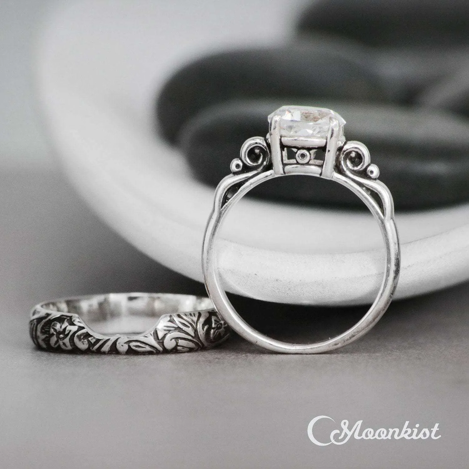 Antique Style Scroll Engagement Ring Set with Vintage Floral Band | Moonkist Designs