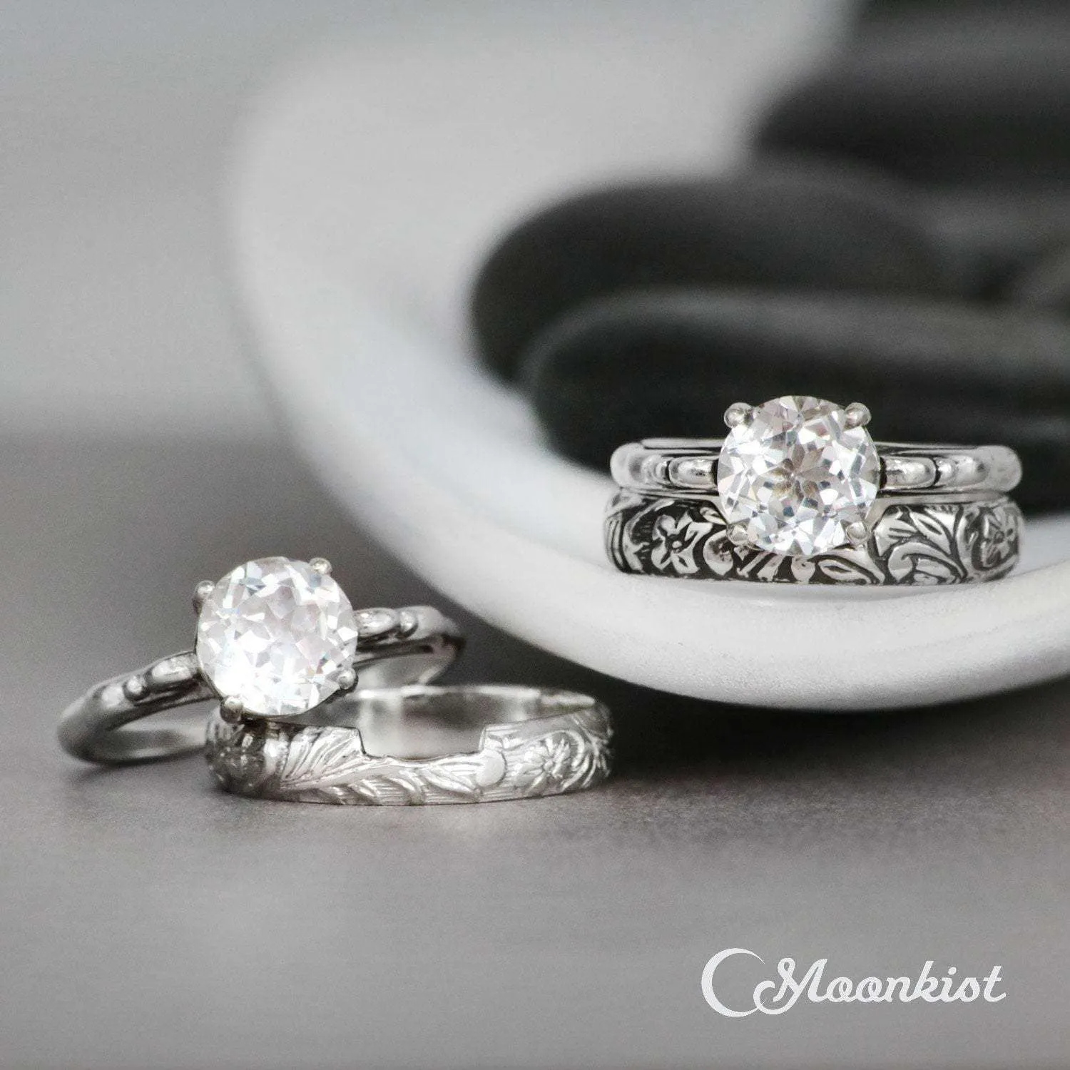 Antique Style Scroll Engagement Ring Set with Vintage Floral Band | Moonkist Designs