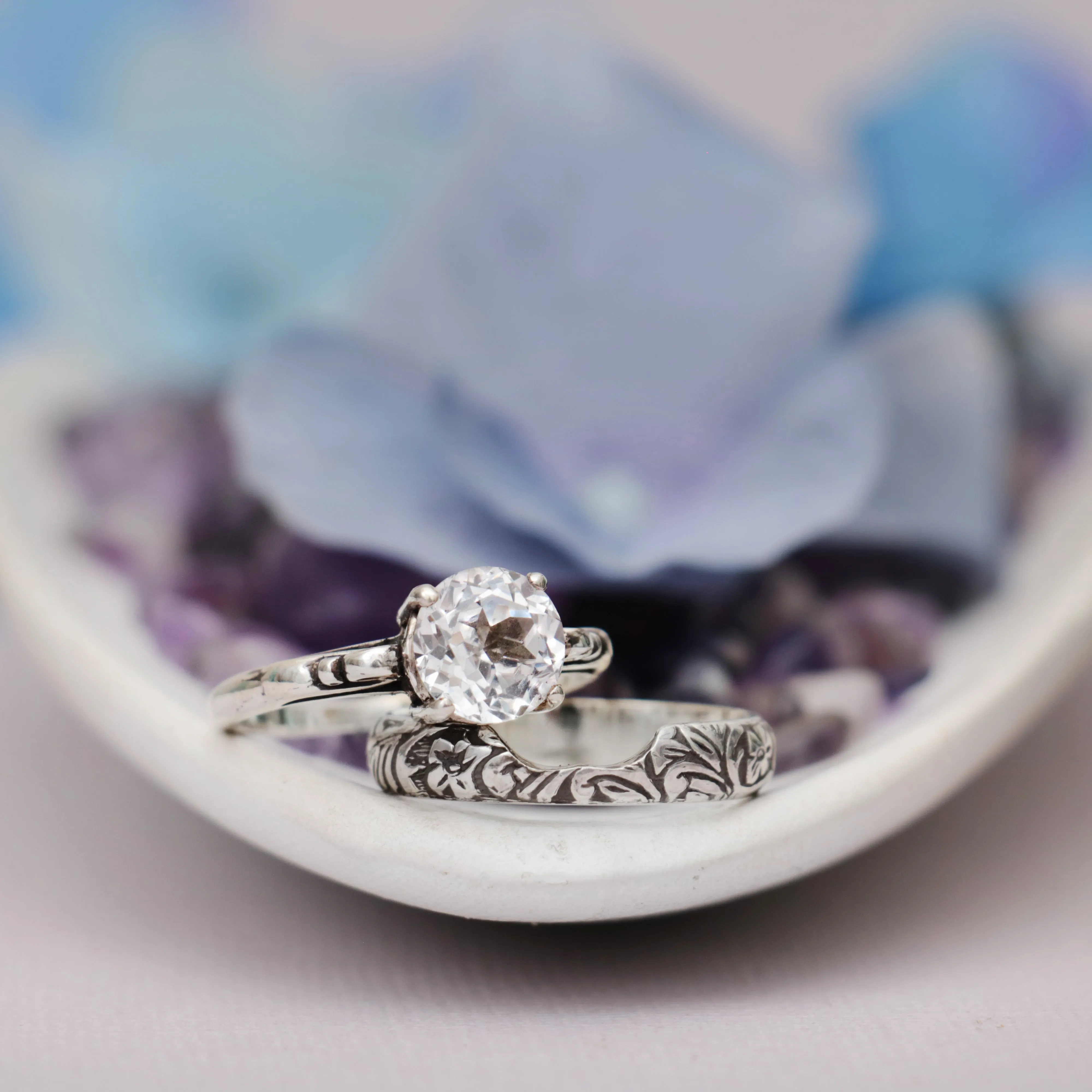 Antique Style Scroll Engagement Ring Set with Vintage Floral Band | Moonkist Designs