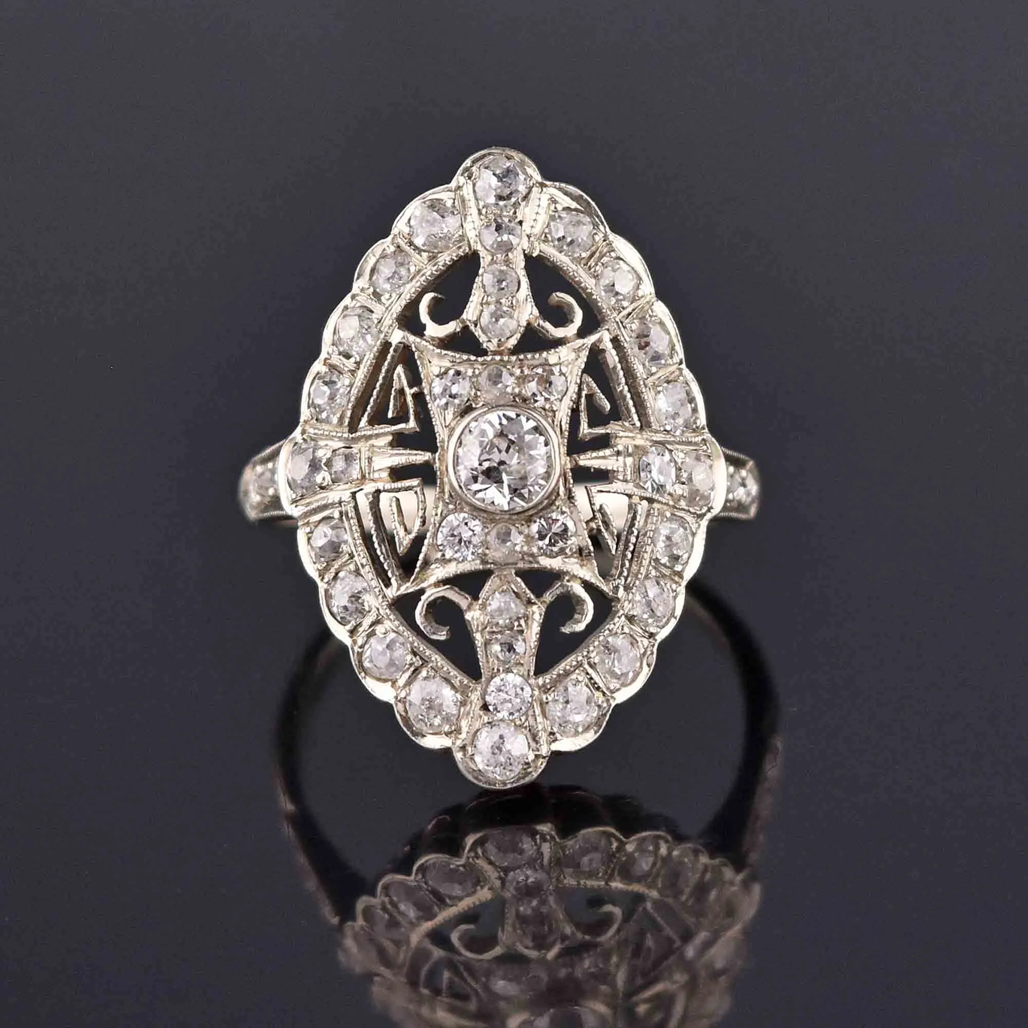 Art Deco 14K White Gold Filigree Diamond Ring, Sz 8.75