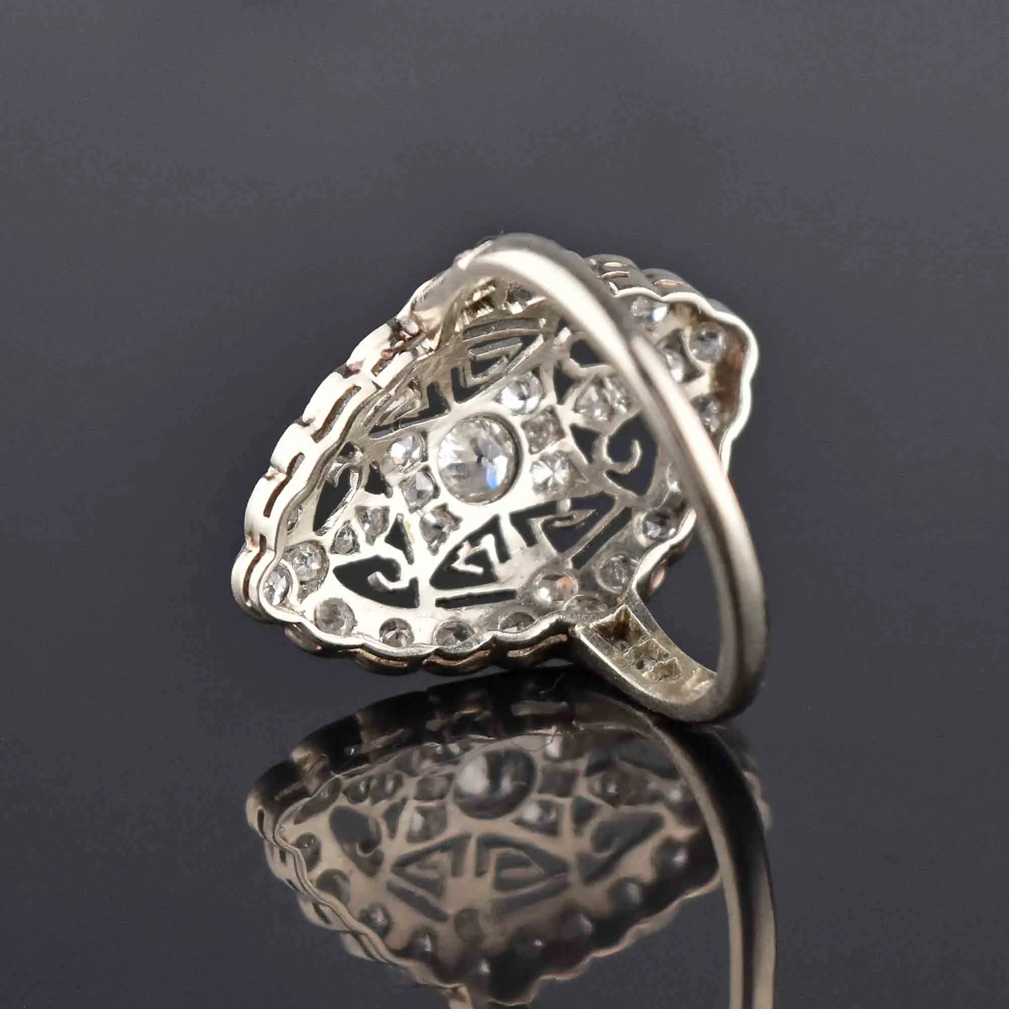 Art Deco 14K White Gold Filigree Diamond Ring, Sz 8.75