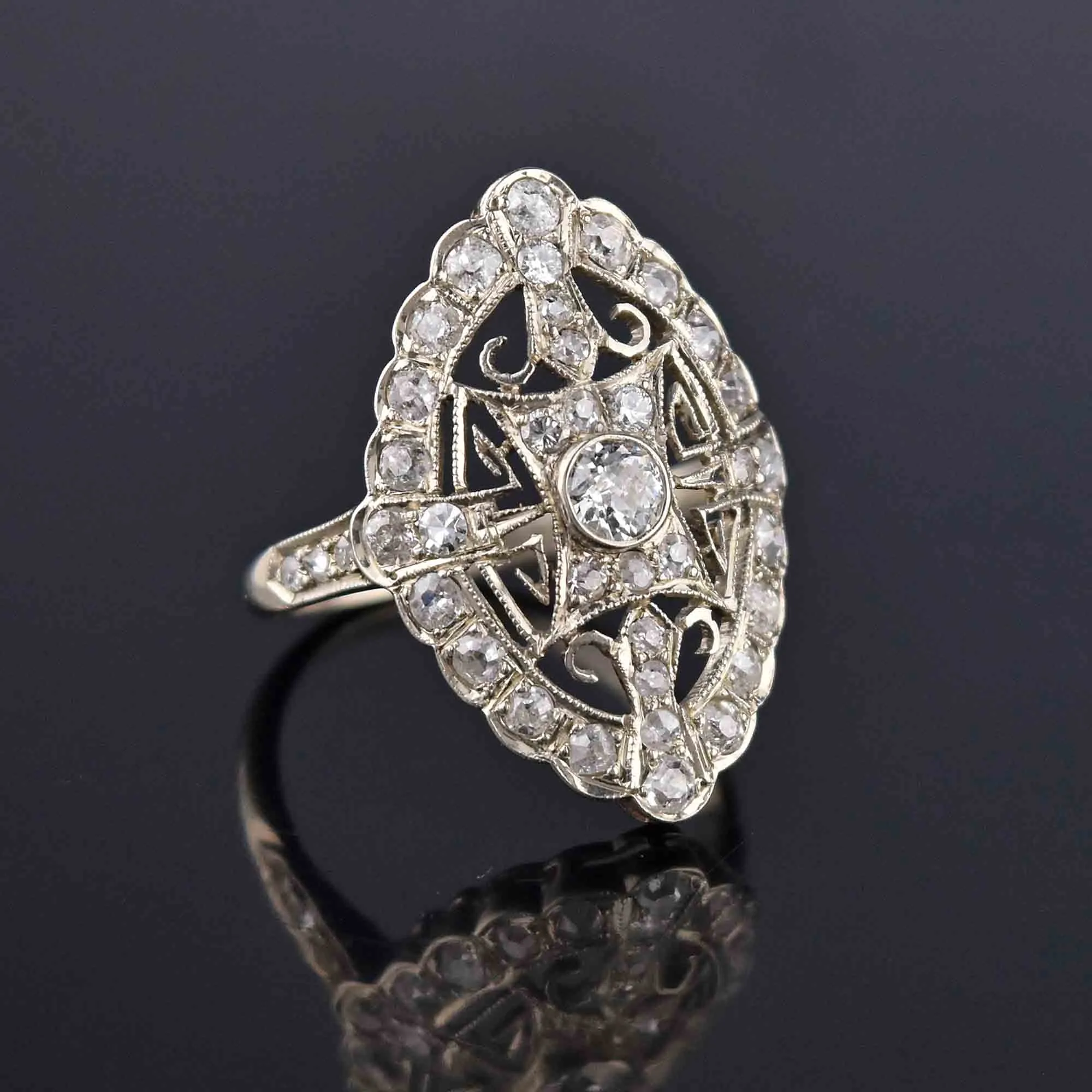 Art Deco 14K White Gold Filigree Diamond Ring, Sz 8.75