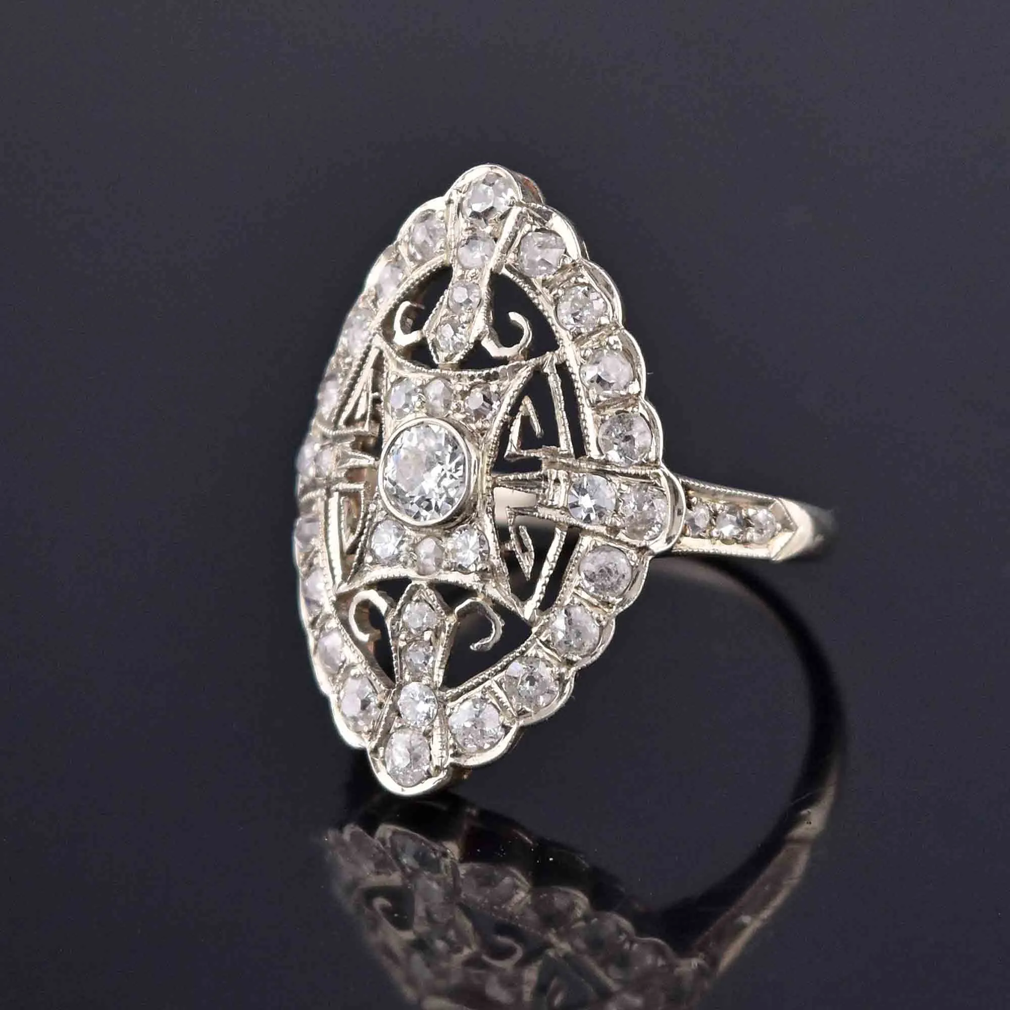 Art Deco 14K White Gold Filigree Diamond Ring, Sz 8.75