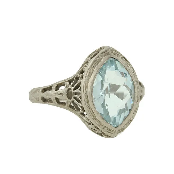 Art Deco 14kt Aquamarine Navette Filigree Ring 1.75ctw