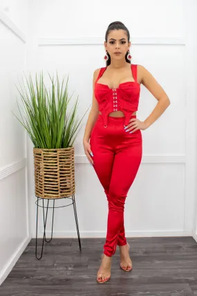 Avery Crop Top Pant Red Set