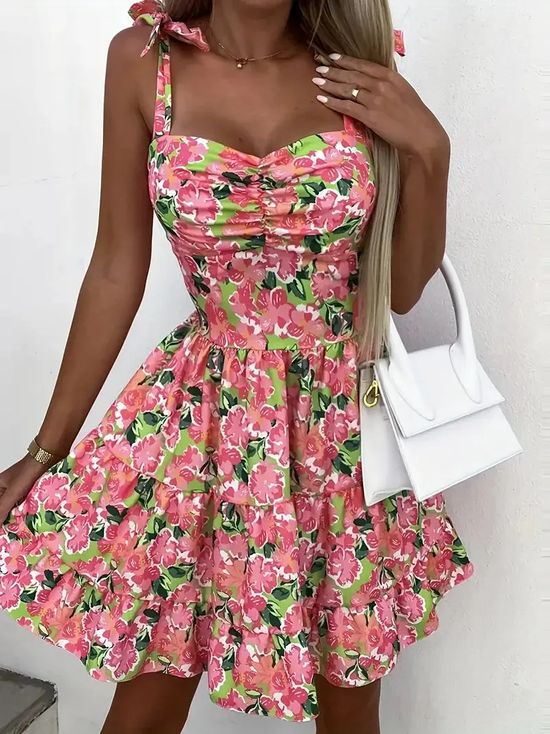 Backless Spaghetti Floral Print Ruffle Hem Cami Dress