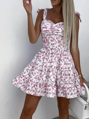 Backless Spaghetti Floral Print Ruffle Hem Cami Dress