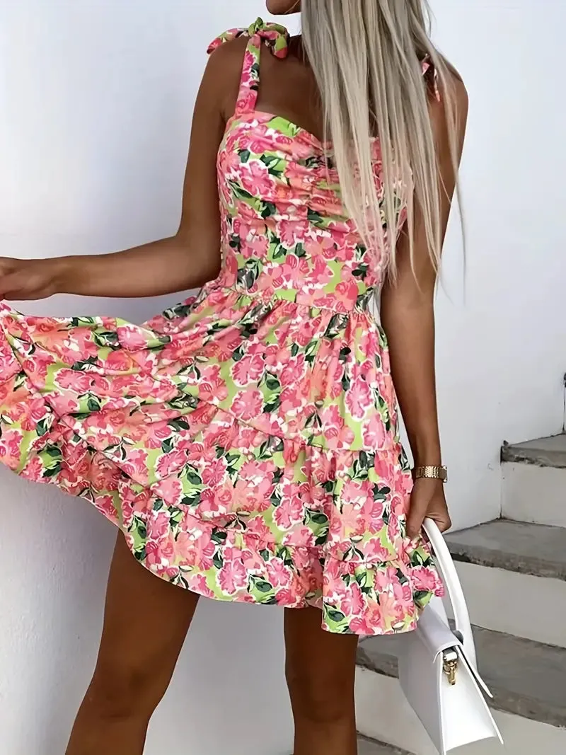 Backless Spaghetti Floral Print Ruffle Hem Cami Dress