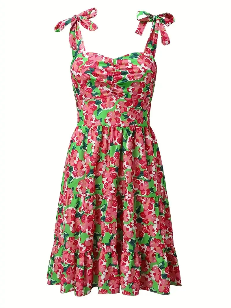 Backless Spaghetti Floral Print Ruffle Hem Cami Dress