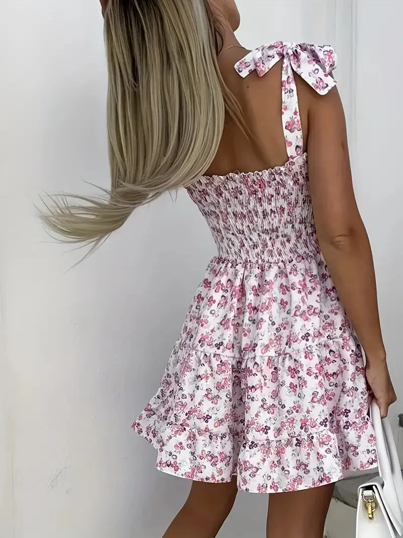 Backless Spaghetti Floral Print Ruffle Hem Cami Dress