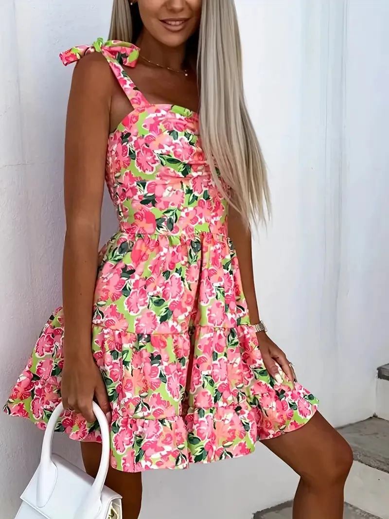 Backless Spaghetti Floral Print Ruffle Hem Cami Dress