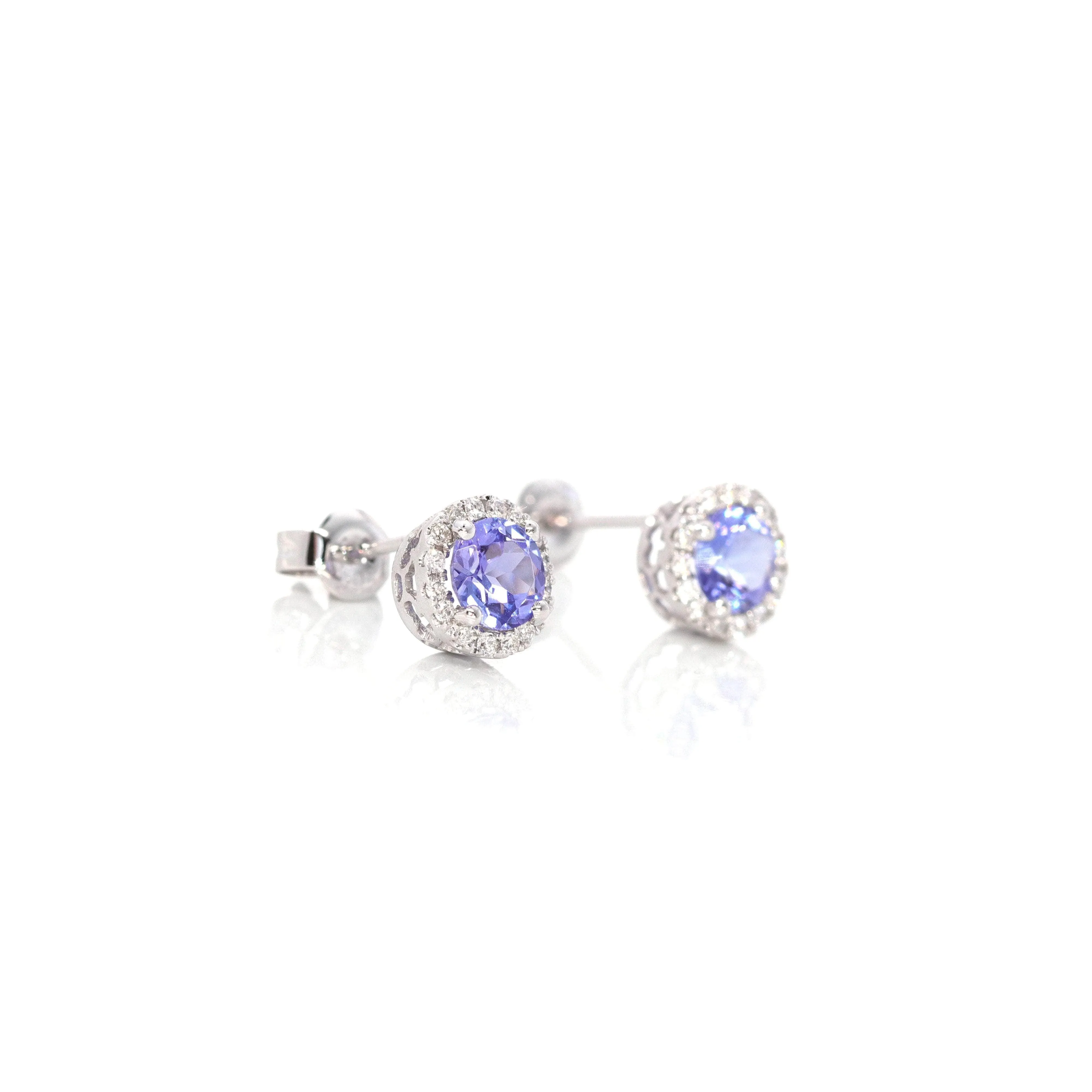 Baikalla 14k Classic White Gold Natural Round 1 CTTW Tanzanite Earrings w/Diamond Halo