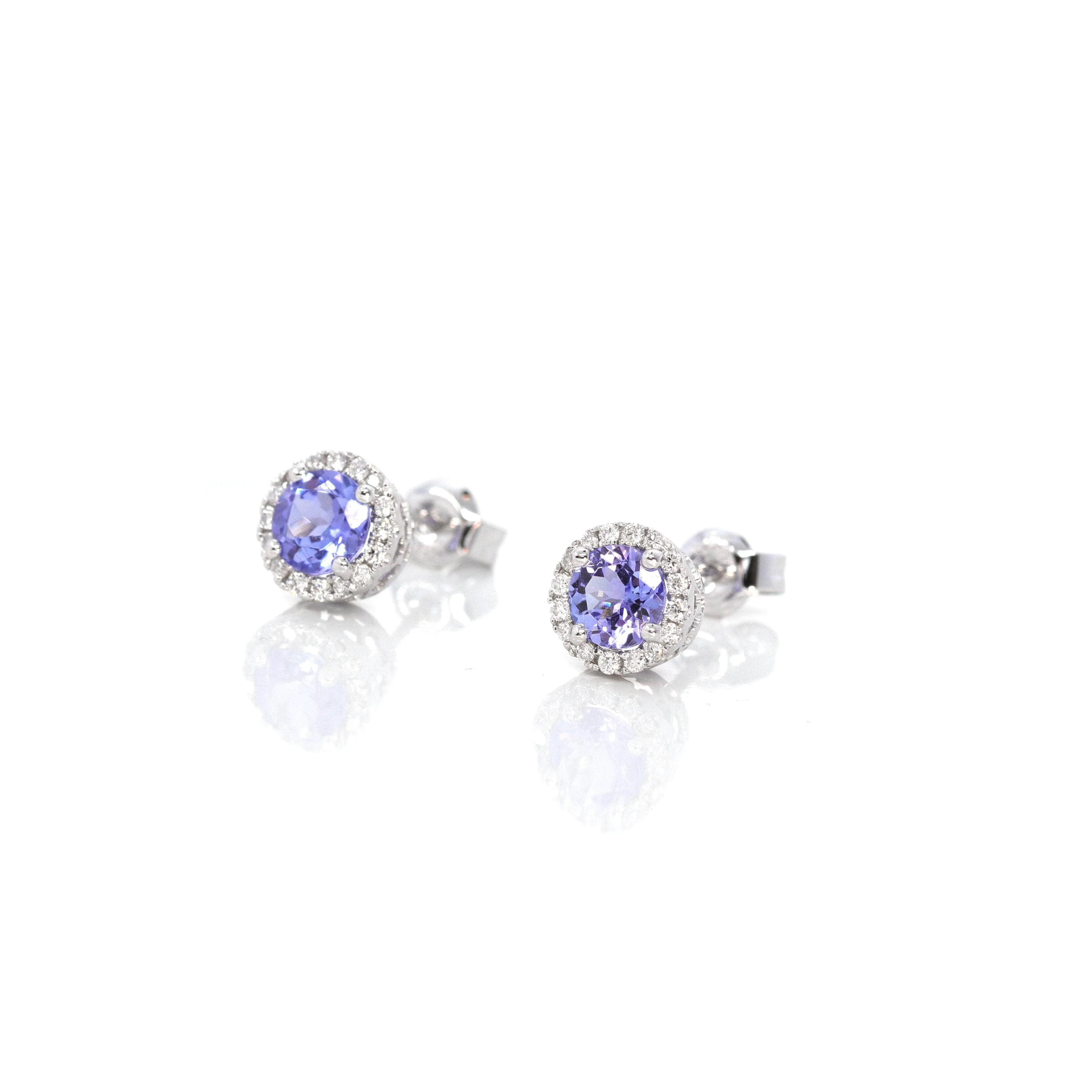 Baikalla 14k Classic White Gold Natural Round 1 CTTW Tanzanite Earrings w/Diamond Halo