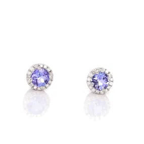 Baikalla 14k Classic White Gold Natural Round 1 CTTW Tanzanite Earrings w/Diamond Halo