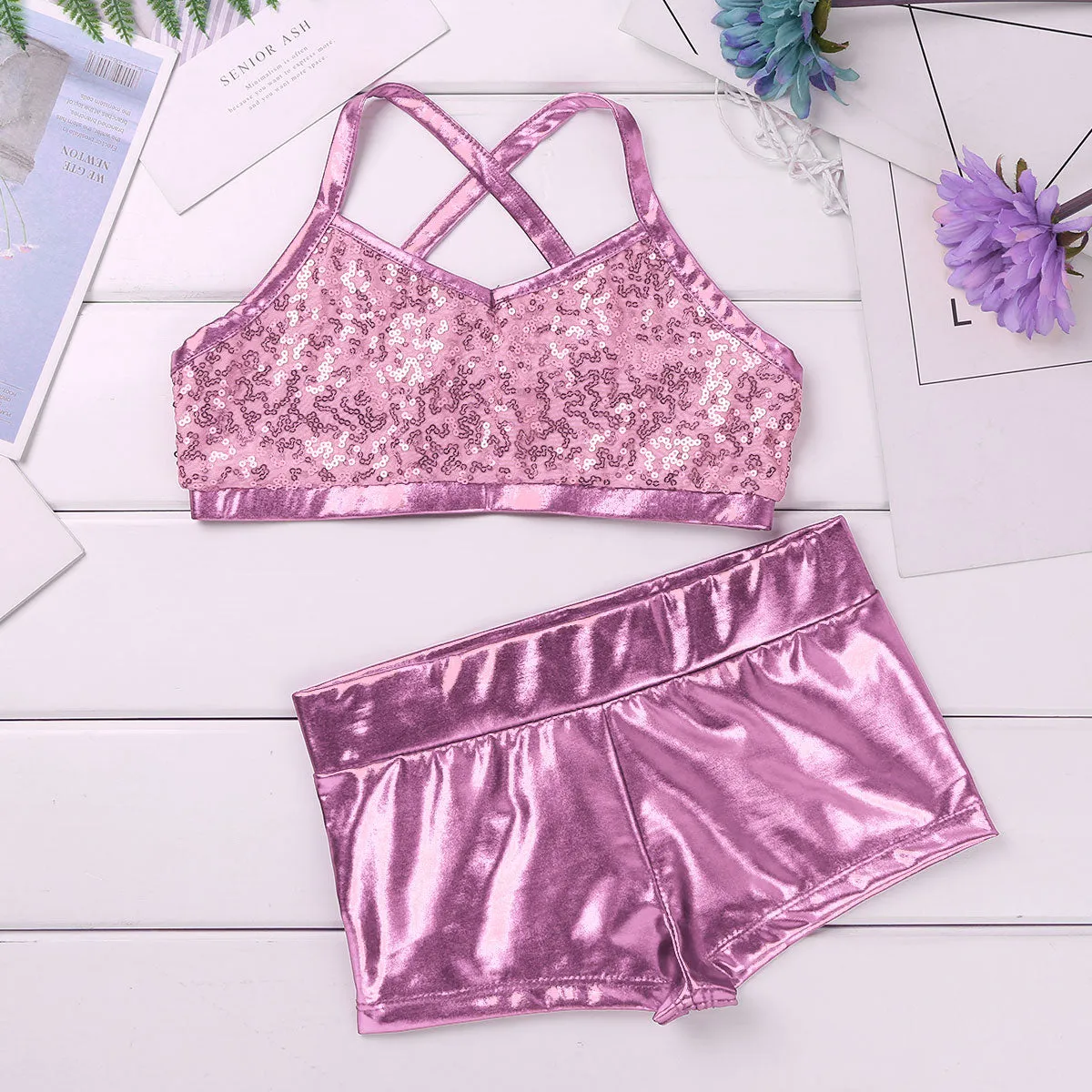 Barbra Girls Sequins Crop Top and Dance Pants Shorts Set Available in 5 Colors and Ages 5-14