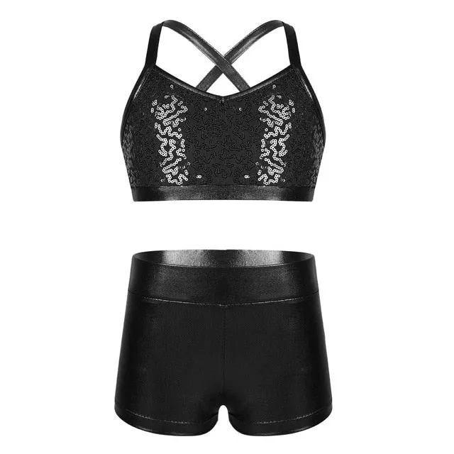 Barbra Girls Sequins Crop Top and Dance Pants Shorts Set Available in 5 Colors and Ages 5-14