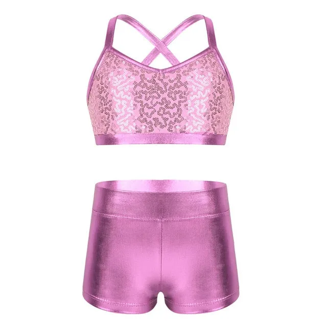 Barbra Girls Sequins Crop Top and Dance Pants Shorts Set Available in 5 Colors and Ages 5-14