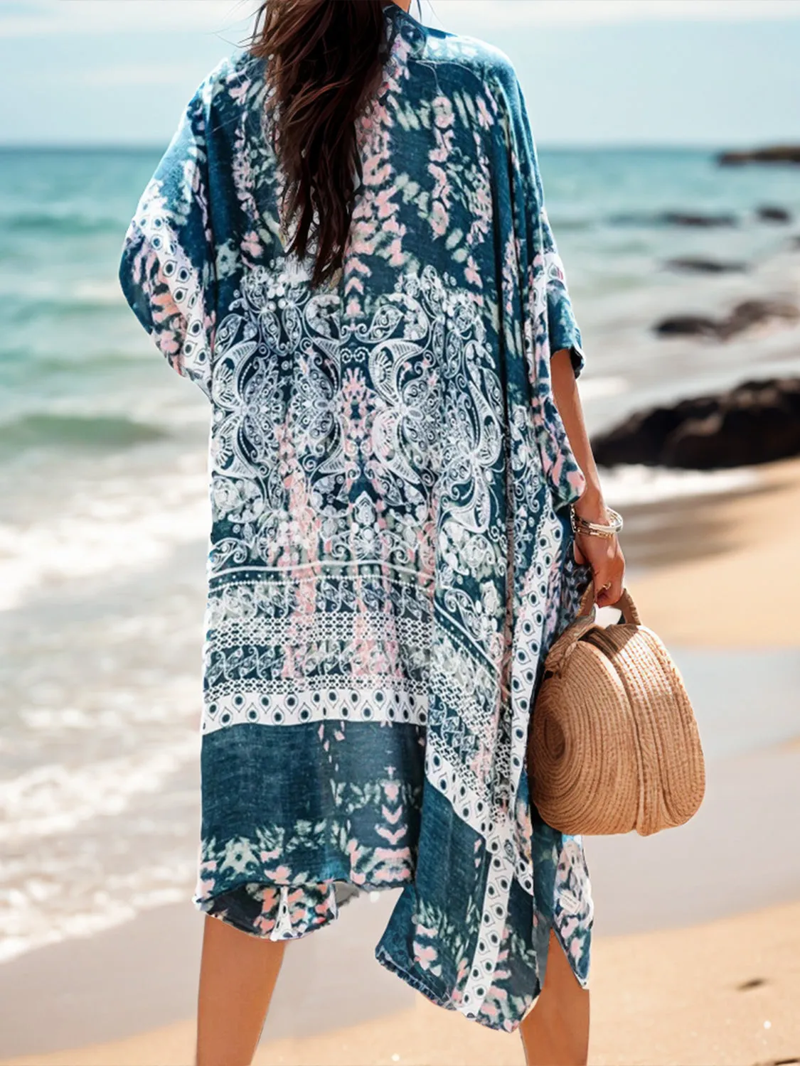 Bedruckte, vorn offene Strandjacke mit Sonnenuntergangsurlaub