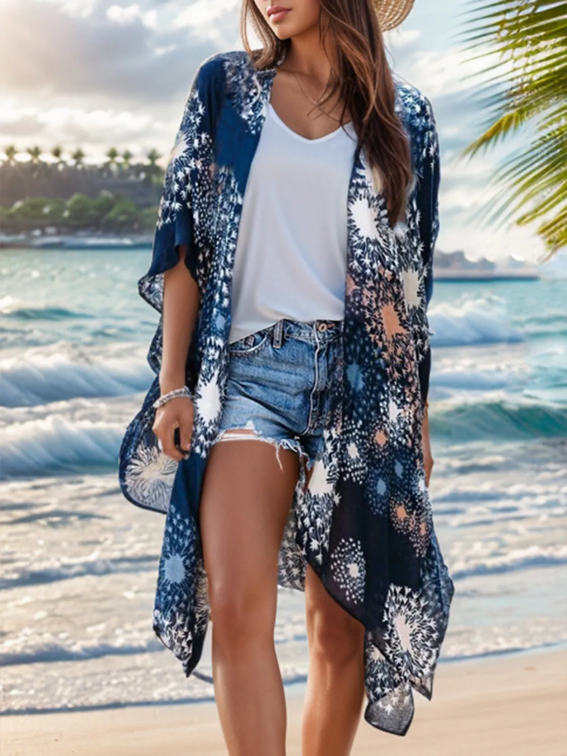 Bedruckte, vorn offene Strandjacke mit Sonnenuntergangsurlaub