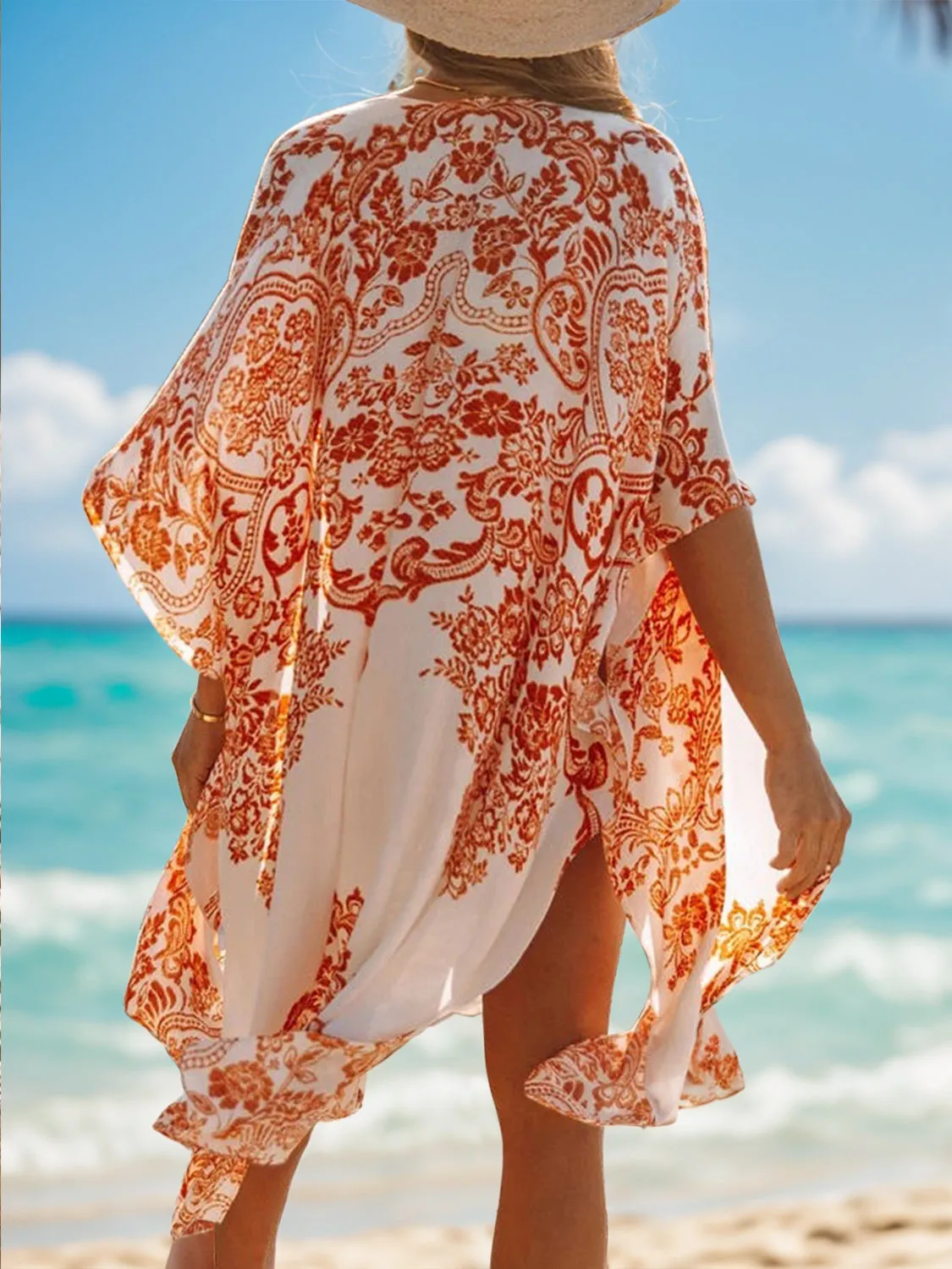 Bedruckte, vorn offene Strandjacke mit Sonnenuntergangsurlaub