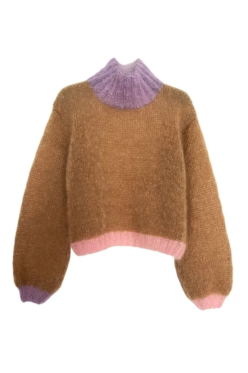 BEIGE COLORBLOCK MOCK NECK MOHAIR SWEATER