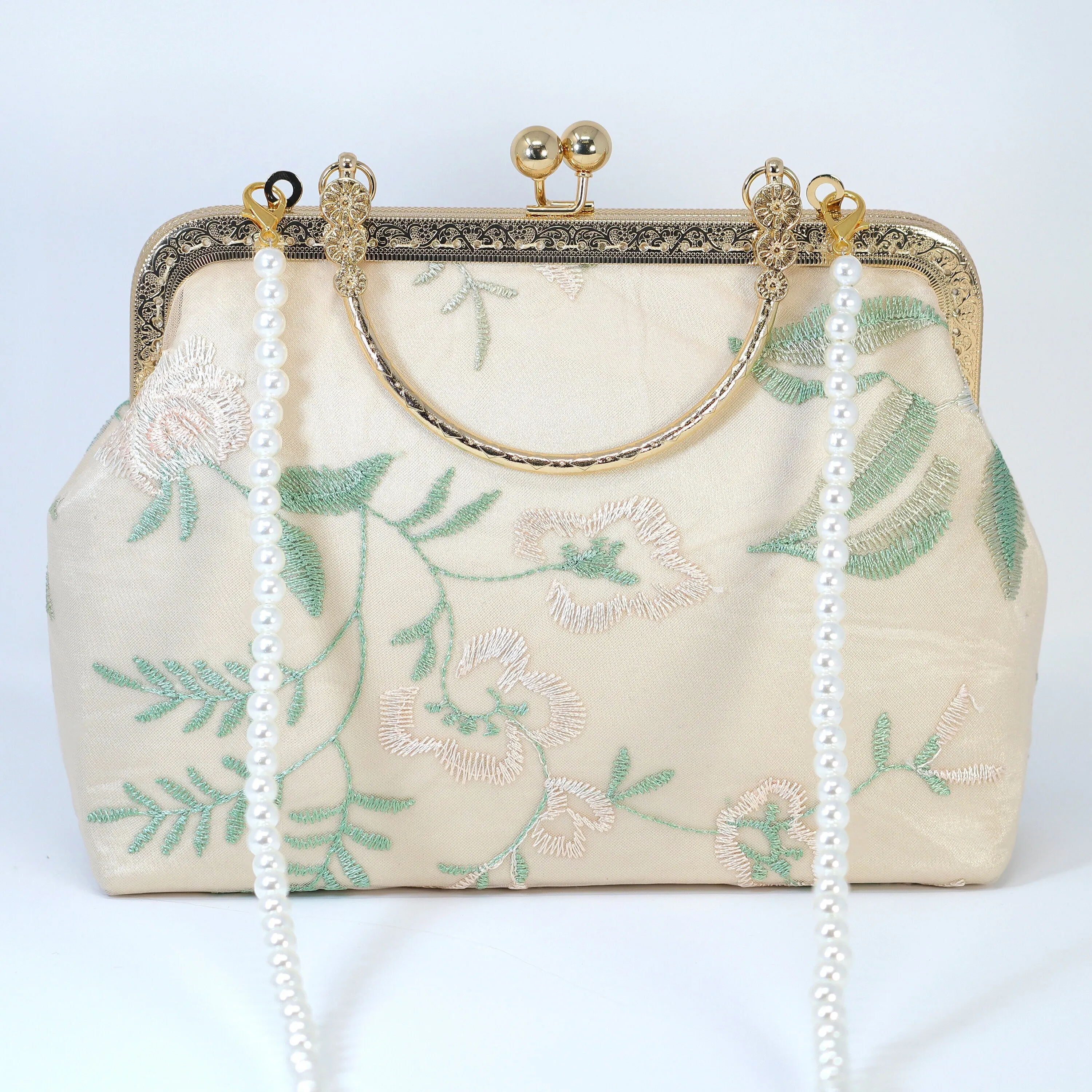 Beige Embroidered Lace Roses Floral Pearl Wedding Bag, Statement Bag, Evening Clutch, Wedding Clutch, Bridal Clutch, White Cross Body Bag