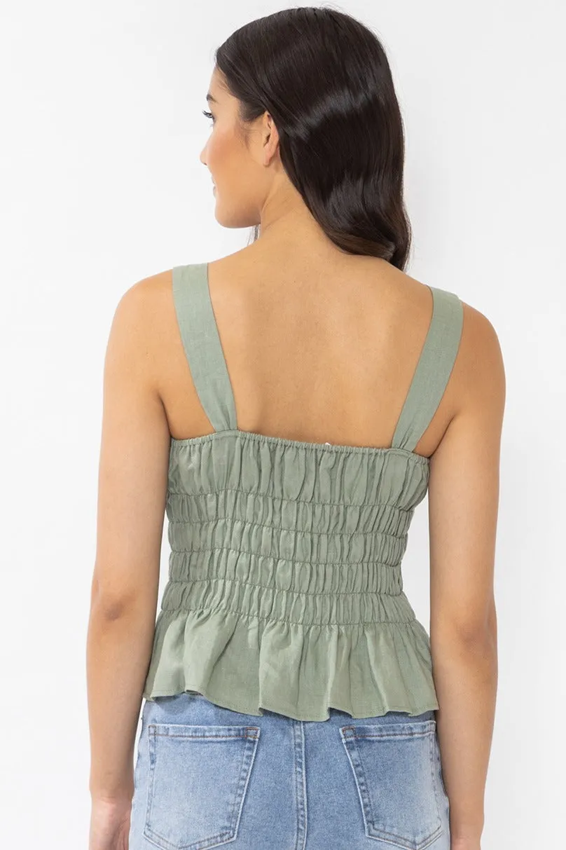 Bella Sea Green Linen Shirred Waist Tank