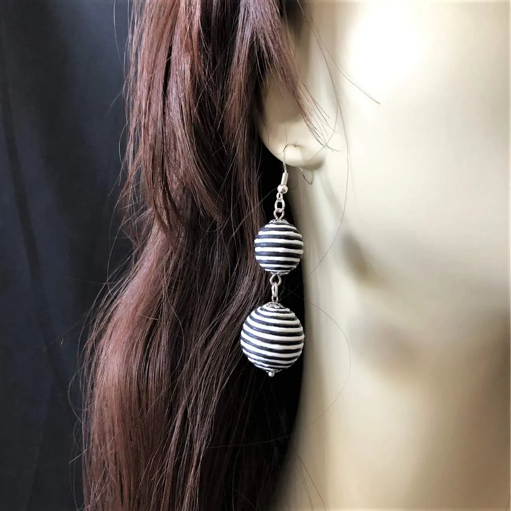 Black and White Striped Thread Ball Long Drop Earrings