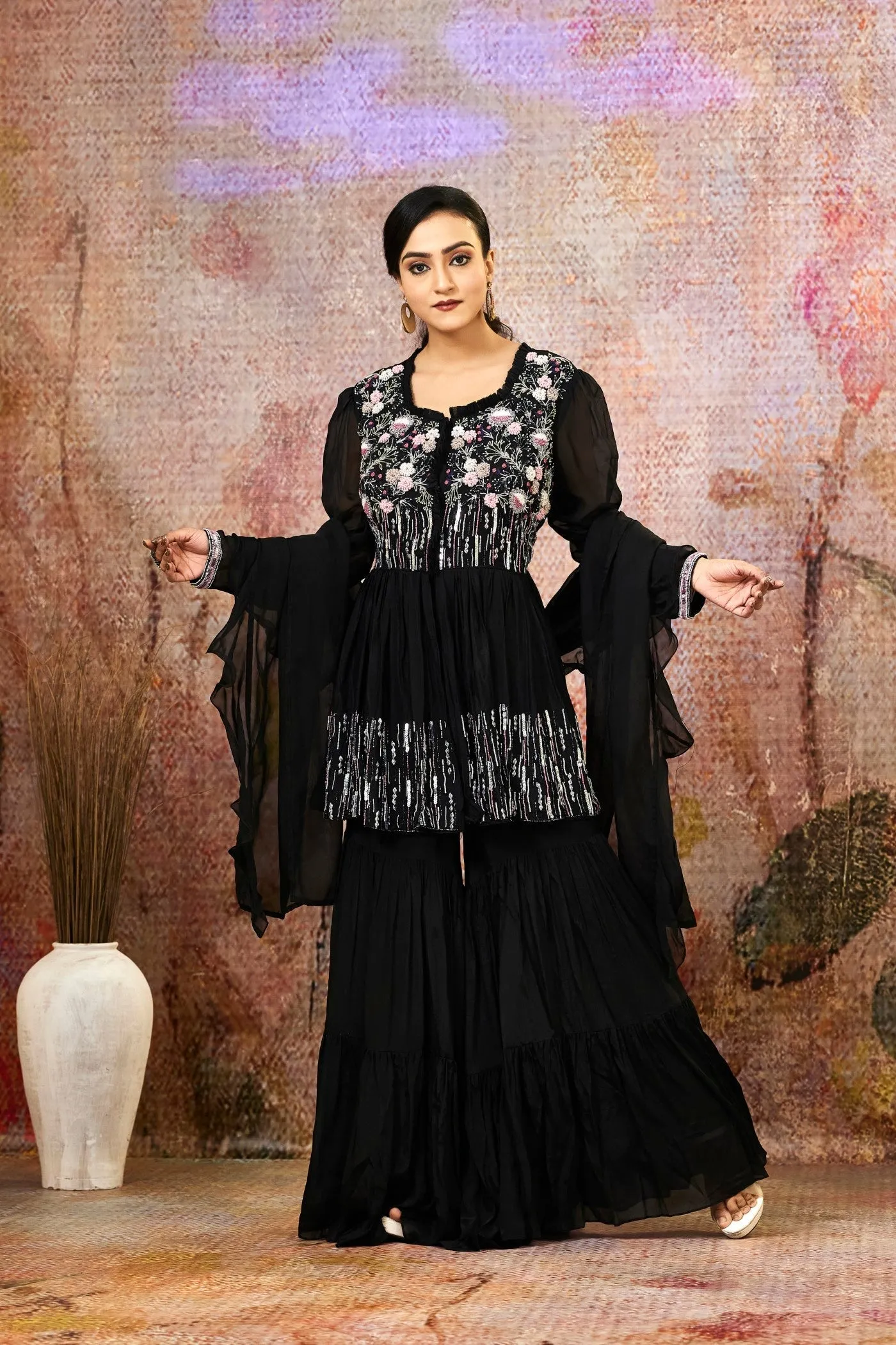 Black Embellished Pure Crepe Silk Sharara Set