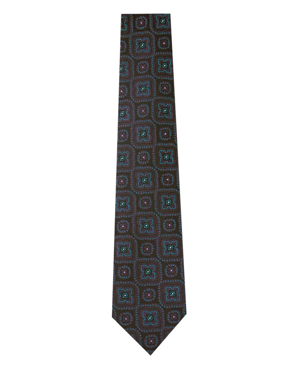 Black Silk Tie with Purple and Teal Pattern