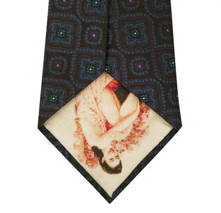 Black Silk Tie with Purple and Teal Pattern