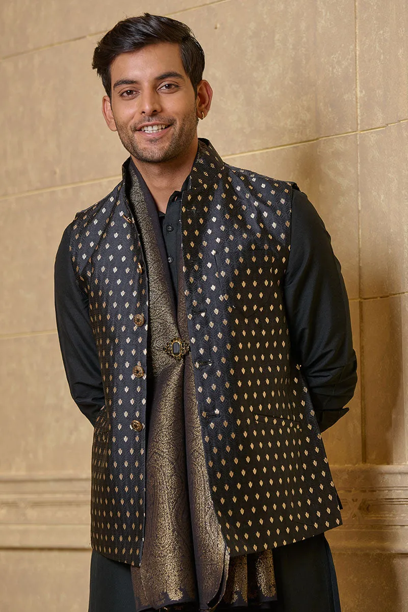 Black Zari Brocade Kurta Bundi Set