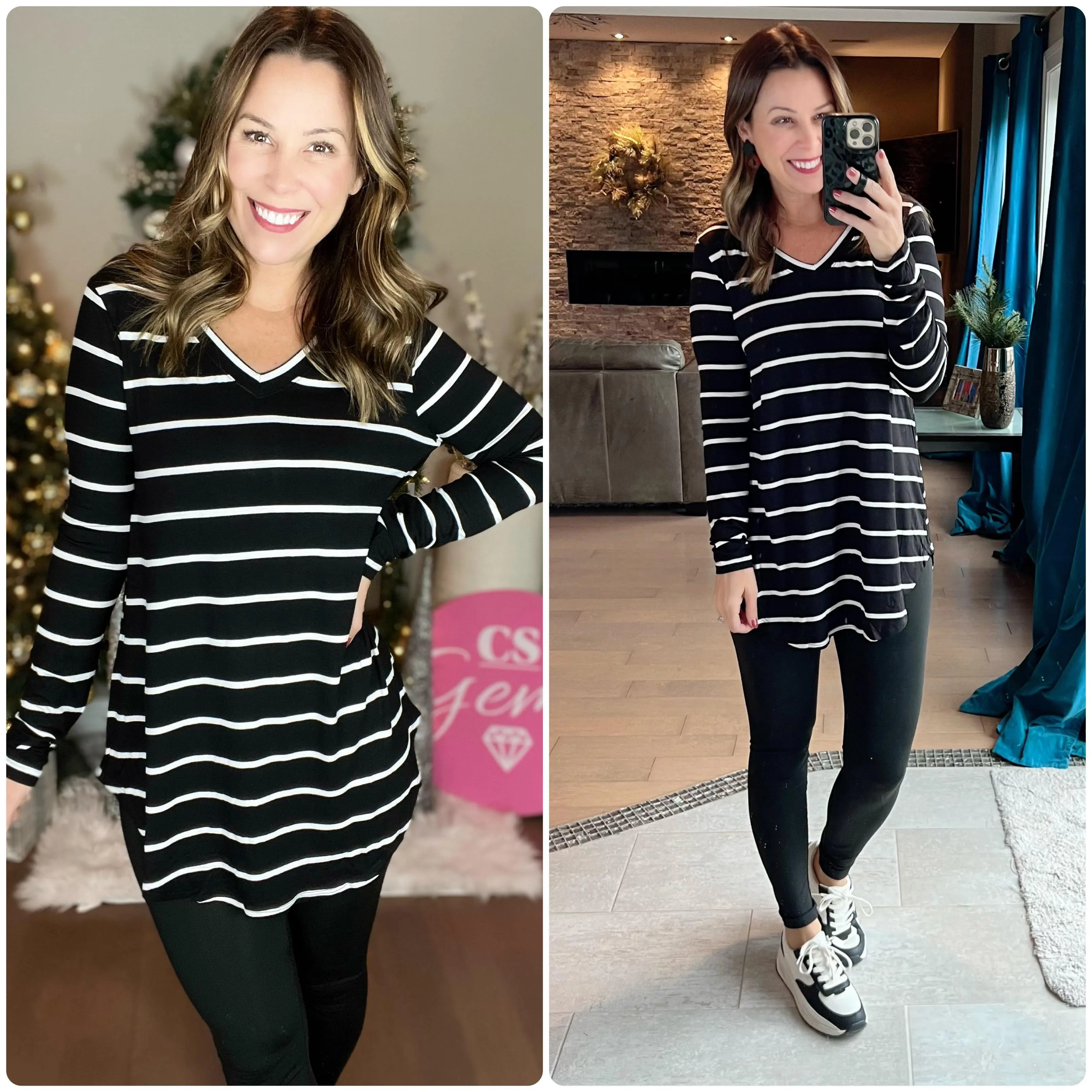 BLACK/IVORY STRIPED V-NECK DOLPHIN HEM TOP