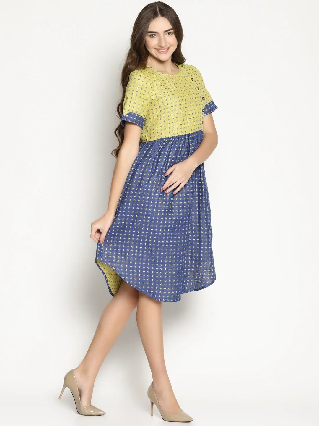 Blue Dobby Shift Dress With Curved Hem