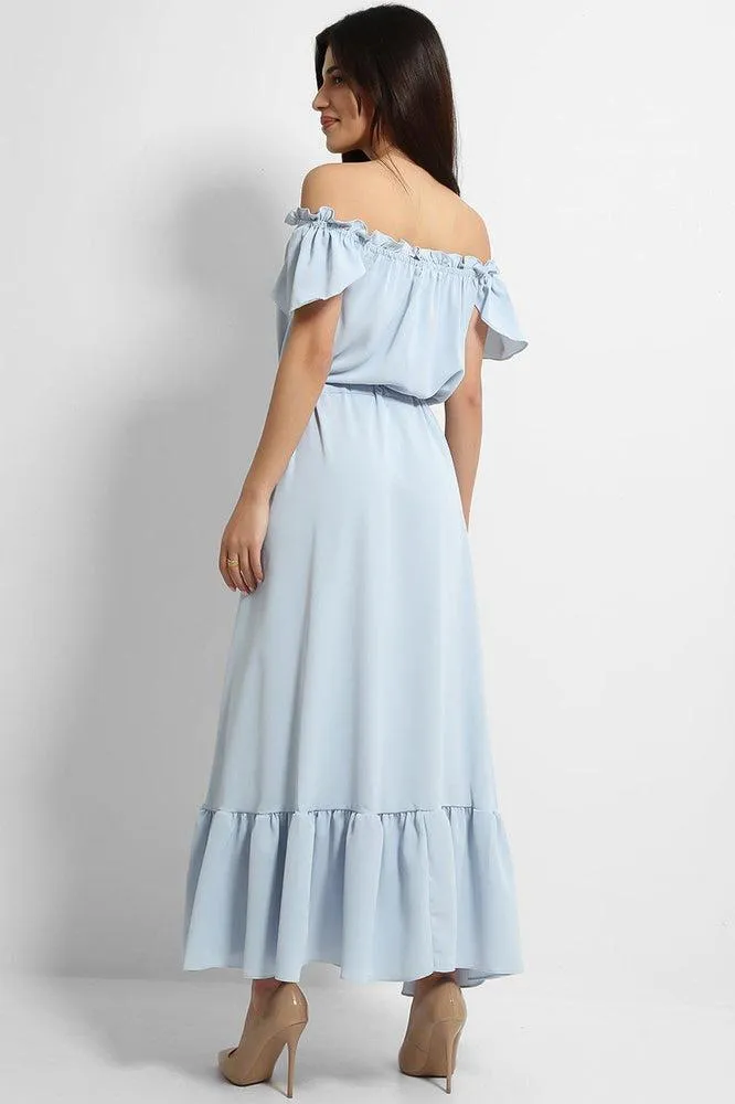 Blue Frilled Trims Off Shoulder Dip Hem Dress