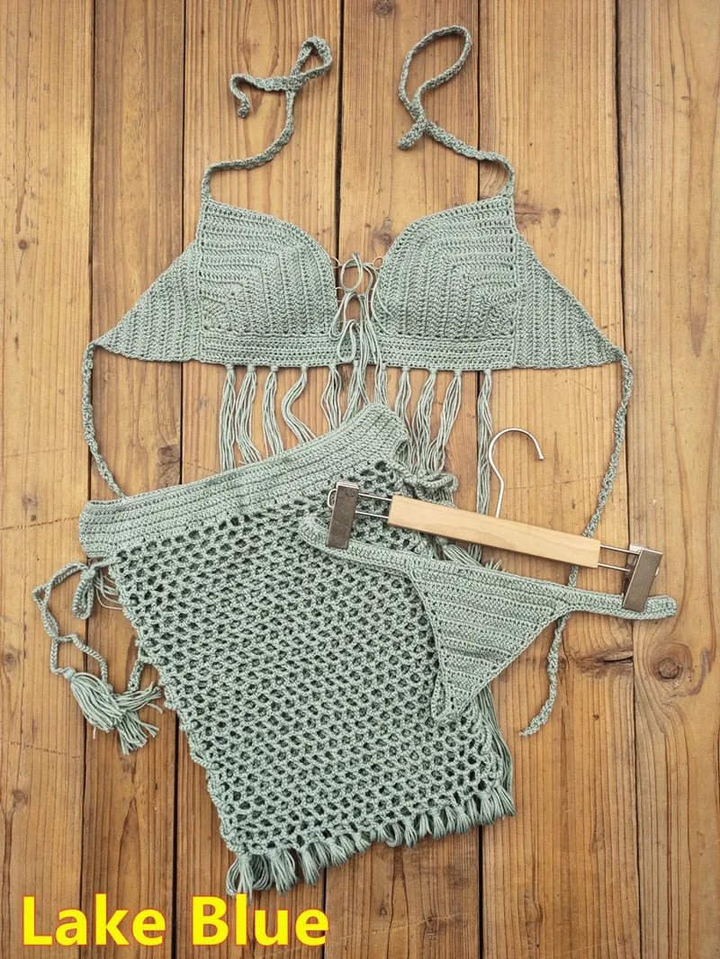 Bohemian Breeze 3-Piece Crochet Bikini Set with Tassel Skirt