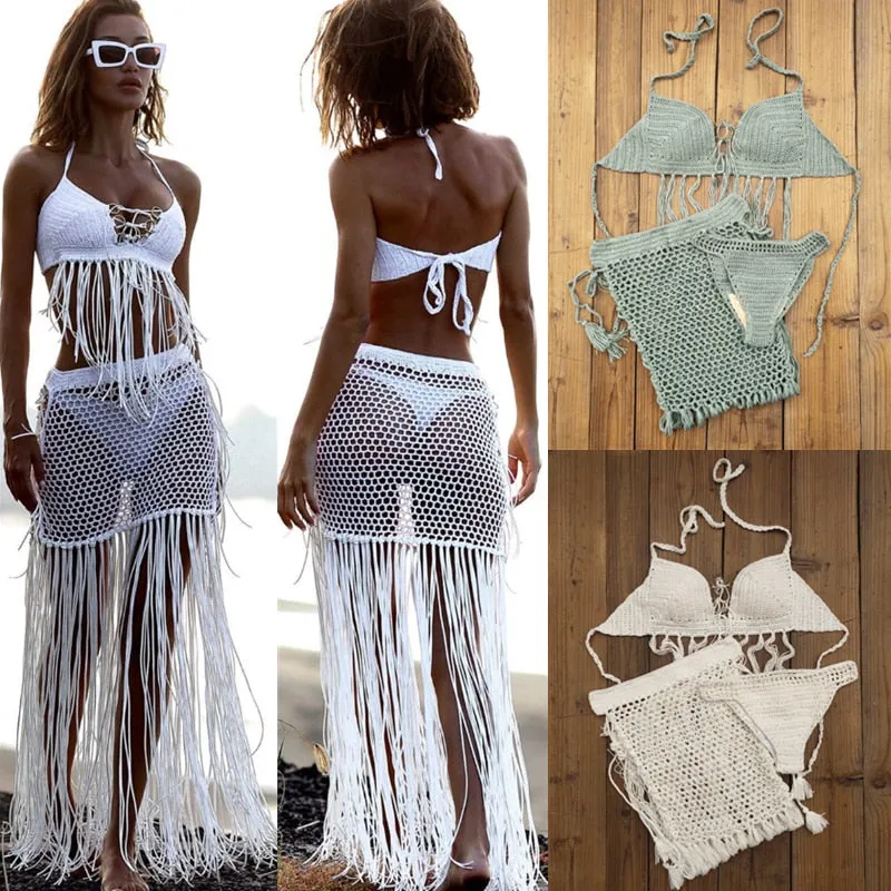 Bohemian Breeze 3-Piece Crochet Bikini Set with Tassel Skirt