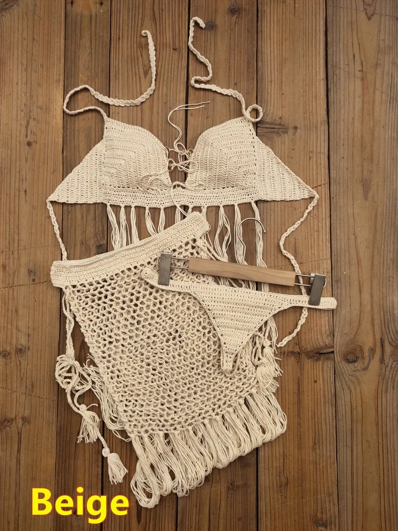 Bohemian Breeze 3-Piece Crochet Bikini Set with Tassel Skirt